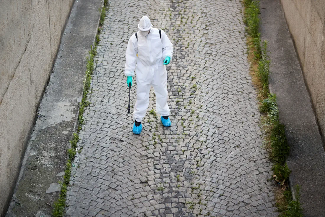 Operatore della disinfestazione durante un trattamento professionale