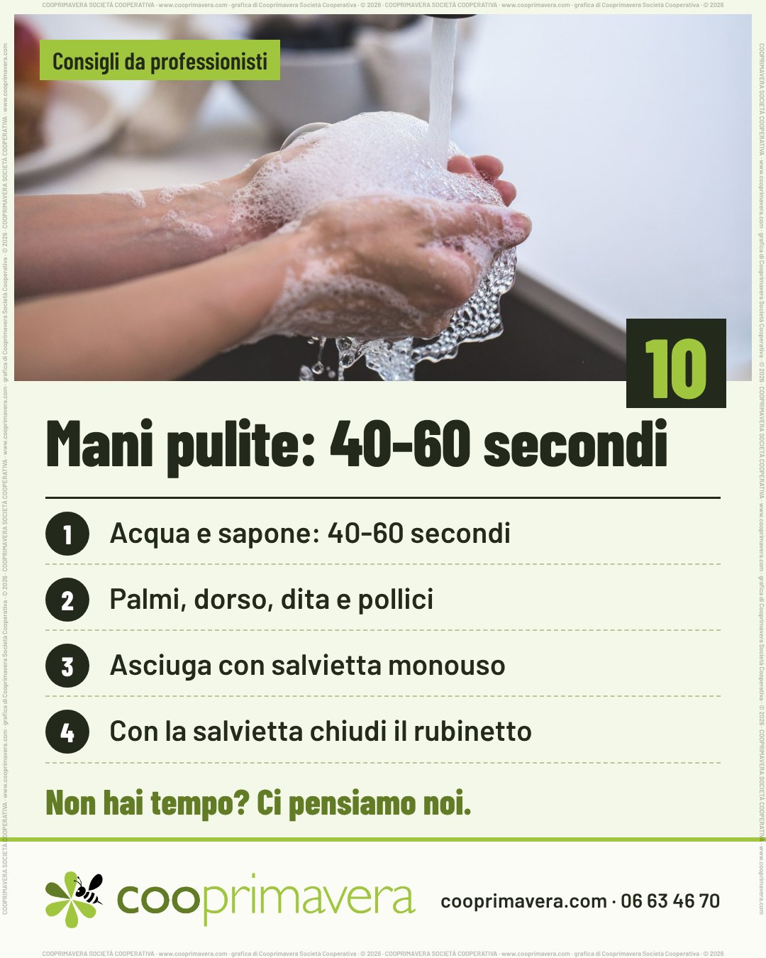 Foto: mani insaponate sotto l'acqua del rubinetto. Sulla foto «Consigli da professionisti» e, in basso a destra, il numero 10. Titolo: «Mani pulite: 40-60 secondi». Quattro punti numerati: 1. Acqua e sapone: 40-60 secondi. 2. Palmi, dorso, dita e pollici. 3. Asciuga con salvietta monouso. 4. Con la salvietta chiudi il rubinetto. In fondo «Non hai tempo? Ci pensiamo noi.» e il logo di Cooprimavera con cooprimavera.com e 06 63 46 70.
